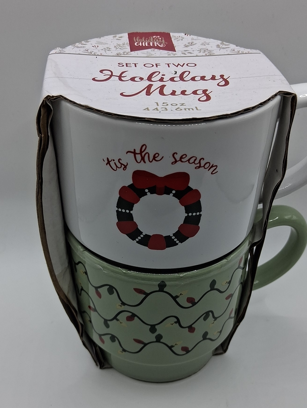 Holiday Mug Set - 'Tis The Season White & Green Ceramic Duo